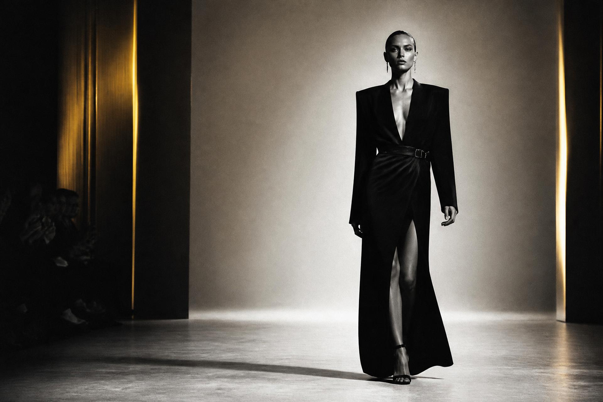 Model walking an editorial runway under dramatic studio lighting